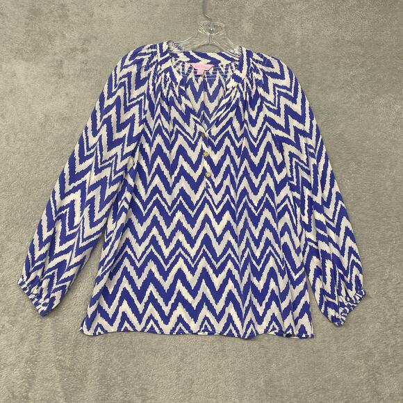 Lilly Pulitzer Tops - Lilly Pulitzer Top Womens Small Silk White Blue Chevron Popover Lightweight